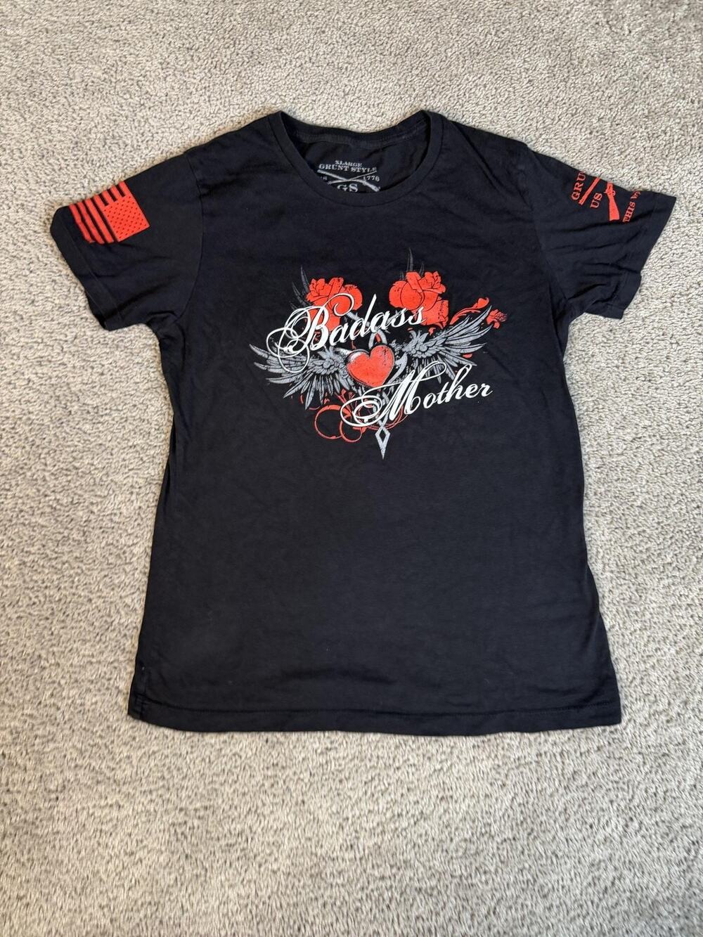 Grunt Style Shirt Womens XL Black Badass Mother Heart Rose Flower Cotton Slim